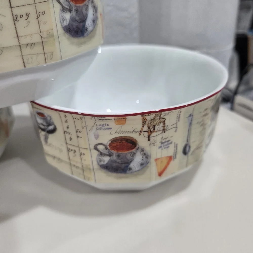 Williams Sonoma Ceral Bowls with Red Rim and Cafe Motif